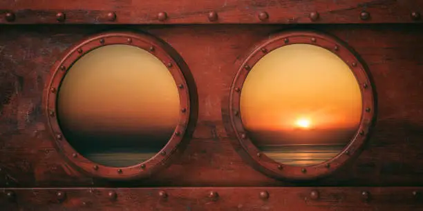Photo of Ship portholes metal background, Calm sea at sunset out of the windows. 3d illustration