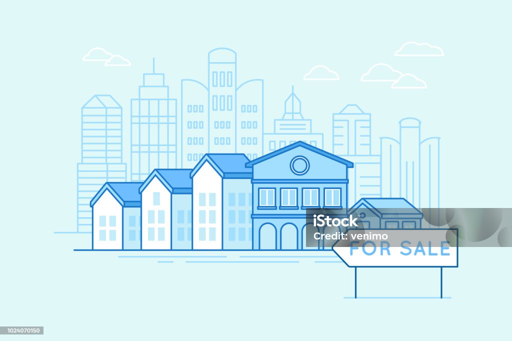 Real estate and mortgage concept Vector illustration in trendy linear style and blue colors - houses and pointer for sale - real estate and mortgage concept House stock vector