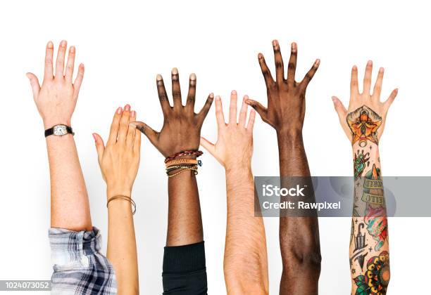 Diversity Hands Raised Up Gesture Stock Photo - Download Image Now - Multiracial Group, Diversity, Hand
