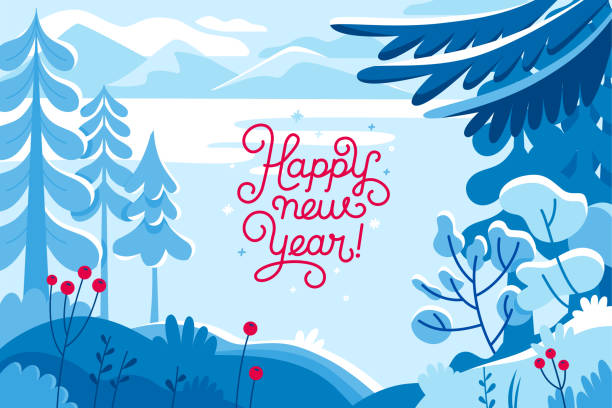 vektor-illustration - happy new year und weihnachtsferien - winterlandschaft - wintry landscape stock-grafiken, -clipart, -cartoons und -symbole