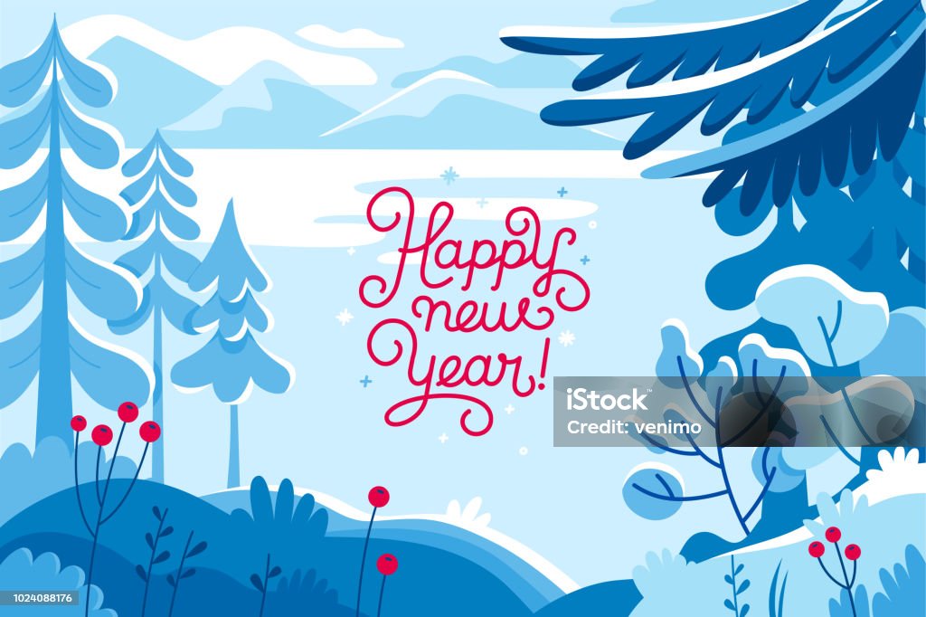Vector illustration - happy new year and Christmas holidays - winter landscape Vector illustration in trendy flat  style - background with copy space for text - winter landscape - background for banner, greeting card, poster and advertising - happy new year and Christmas holidays Winter stock vector