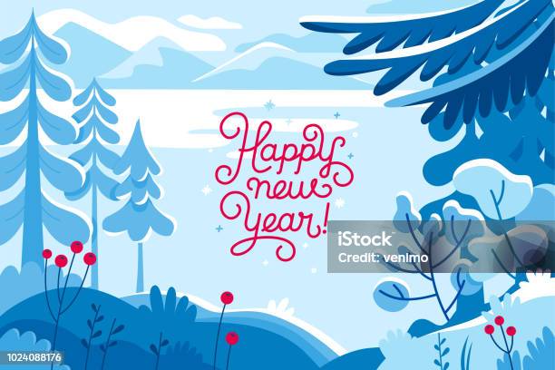 Vector Illustration Happy New Year And Christmas Holidays Winter Landscape Stock Illustration - Download Image Now