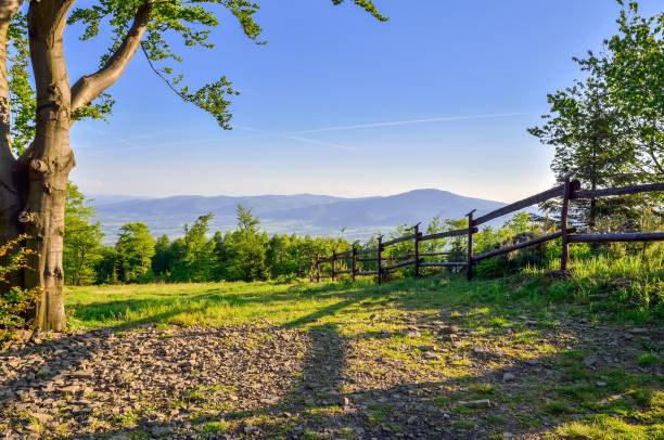 Beautiful rural landscape. Clearing with a wooden fence overlooking the mountains. beskid mountains stock pictures, royalty-free photos & images