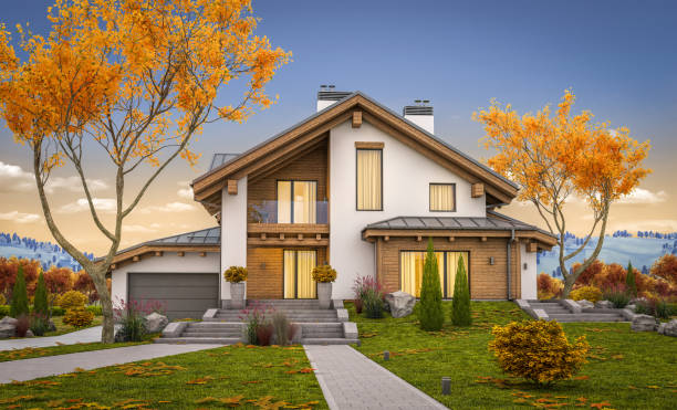 istock 3d rendering of modern cozy house in chalet style autumn evening with soft light. 1024096580