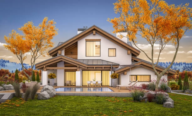 istock 3d rendering of modern cozy house in chalet style autumn evening with soft light. 1024096780