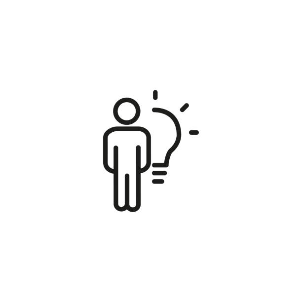 Man and electric bulb line icon Man and electric bulb line icon. Inspiration, idea, solution. Startup concept. Vector illustration can be used for topics like business, strategy, planning initiative stock illustrations