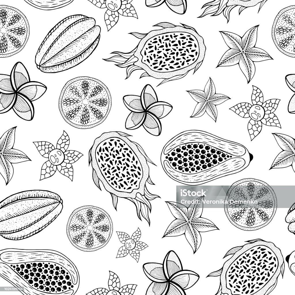 Tropical fruits seamless pattern - coloring page for adults. Gra Tropical fruits seamless pattern - coloring page for adults. Graphic sketch art. Vector illustration. Backgrounds stock vector