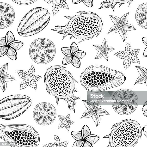 Tropical Fruits Seamless Pattern Coloring Page For Adults Gra Stock Illustration - Download Image Now