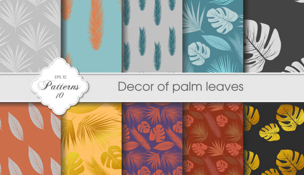 Vector illustration of a set of tropical backgrounds. Decorative Palm Leaves Samples. Postcards, certificates, letterheads, greeting cards, wallpaper Vector illustration of a set of tropical backgrounds. Decorative Palm Leaves Samples. Postcards, certificates, letterheads, greeting cards, fabrics, wallpaper areca palm tree stock illustrations