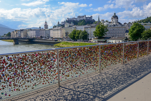 Lovers padlocks on the foot bridge in Salzburg, Austria