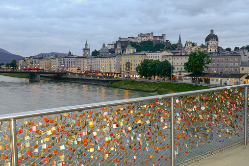 Lovers padlocks on the foot bridge in Salzburg, Austria