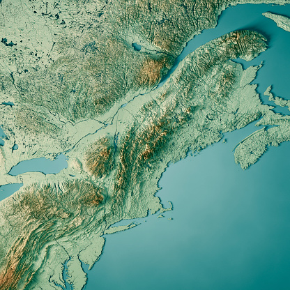 3D Render of a Topographic Map of New England, North America.\nAll source data is in the public domain.\nColor texture and Rivers: Made with Natural Earth. \nhttp://www.naturalearthdata.com/downloads/10m-raster-data/10m-cross-blend-hypso/\nhttp://www.naturalearthdata.com/downloads/10m-physical-vectors/\nRelief texture: SRTM data courtesy of USGS. URL of source image: \nhttps://e4ftl01.cr.usgs.gov//MODV6_Dal_D/SRTM/SRTMGL1.003/2000.02.11/\nWater texture: HIU World Water Body Limits:\nhttp://geonode.state.gov/layers/?limit=100&offset=0&title__icontains=World%20Water%20Body%20Limits%20Detailed%202017Mar30
