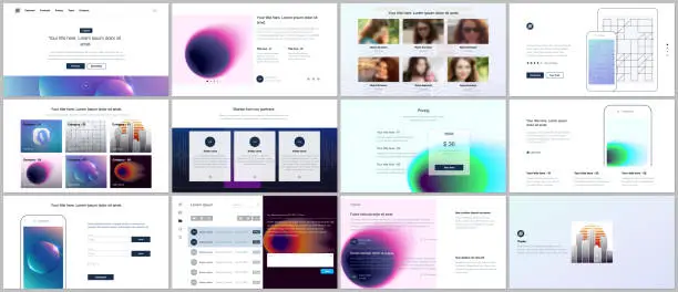 Vector illustration of Vector templates for website design, minimal presentations, portfolio with colorful abstract gradient blurs and geometric backgrounds. UI, UX, GUI. Design of header, dashboard, features page, blog etc