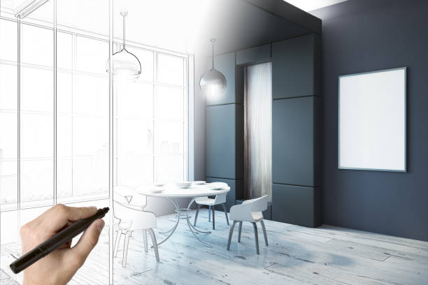 istock Hand drawing modern dining room with poster 1024123020