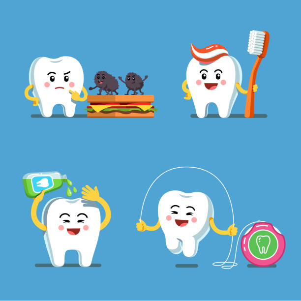 ilustrações, clipart, desenhos animados e ícones de personagens de dentes lúdico usar anti-séptico bucal, fio dental e escova de dentes com pasta de dentes. medidas preventivas de higiene para a saúde do dente. vector isolado plana - dental floss brushing teeth dental hygiene dental equipment