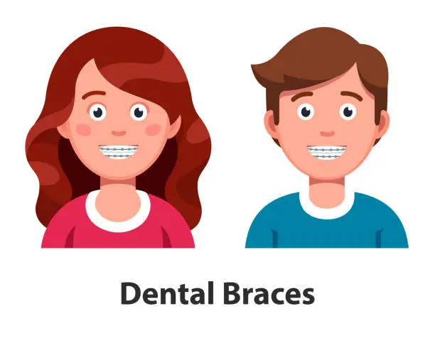 Vector illustration of Man and woman wearing teeth dental braces. Orthodontics advertising poster. Flat isolated vector