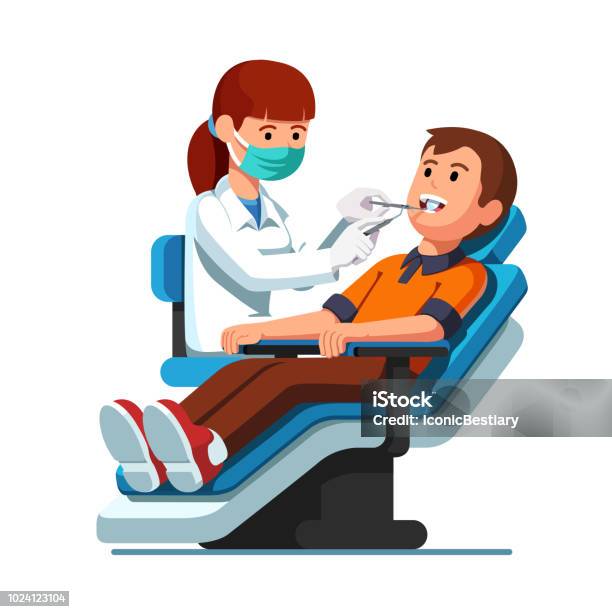Dentist Woman Examining Patient Man Teeth Looking Inside Mouth Holding Instruments Flat Isolated Vector Stock Illustration - Download Image Now