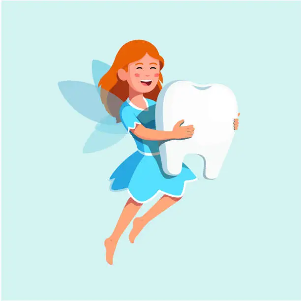 Vector illustration of Cheerful tooth fairy girl  flying, carrying molar. Kids fairy tail story pixie character holding big tooth taking care of it. Flat isolated vector