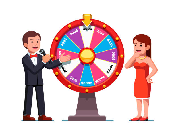 웃는 여자 재생 휠 행운의 승리 분야를 보여주는 호스트 남자와 게임 쇼에. 카지노와 도박 다채로운 클립 아트 디자인입니다. 플랫 고립 된 벡터 - wheel wheel of fortune incentive game show stock illustrations