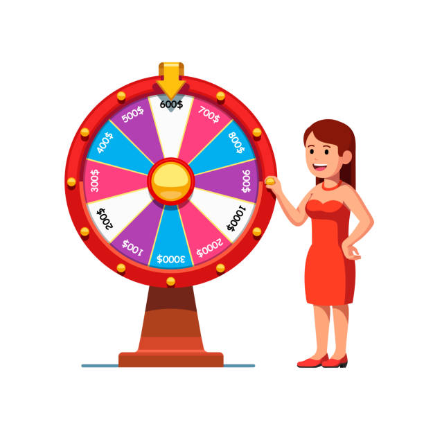 illustrazioni stock, clip art, cartoni animati e icone di tendenza di donna eccitata che gira ruota della fortuna con premi in denaro scommette settori. casinò e gioco d'azzardo colorato design clipart. vettore isolato piatto - wheel incentive award spinning