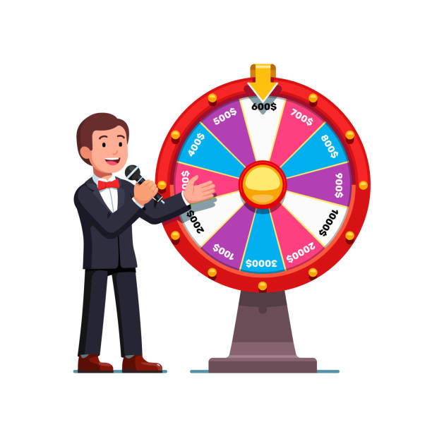 ilustrações de stock, clip art, desenhos animados e ícones de talking to mic game show host man wearing bowtie presenting wheel of fortune with money prizes bets. casino and gambling colourful clipart design. flat isolated vector - wheel award game show wheel of fortune