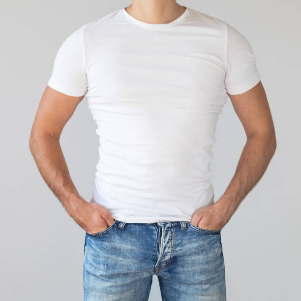 istock Man wearing a white cotton shirt with empty space for your text or logo 1024123326