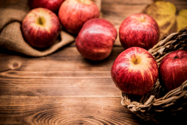 istock Fall harvest cornucopia. Red apples in the garden. Copy space on wood background in Autumn season. 1024123640