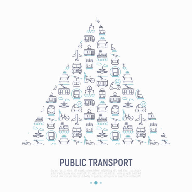 細い線のアイコン付きの三角形の概念を公共交通機関: 鉄道、バス、タクシー、船、フェリー、トロリーバス、トラム、カーシェア リングします。正面と側面のビュー。バナーは、印刷メデ� - public transportation cable car ferry bicycle点のイラスト素材／クリップアート素材／マンガ素材／アイコン素材