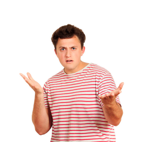 istock Guy forgot something important. Attractive man shrugging and raising palm in question. man does not understand what's going on . emotional man isolated on white background 1024127126