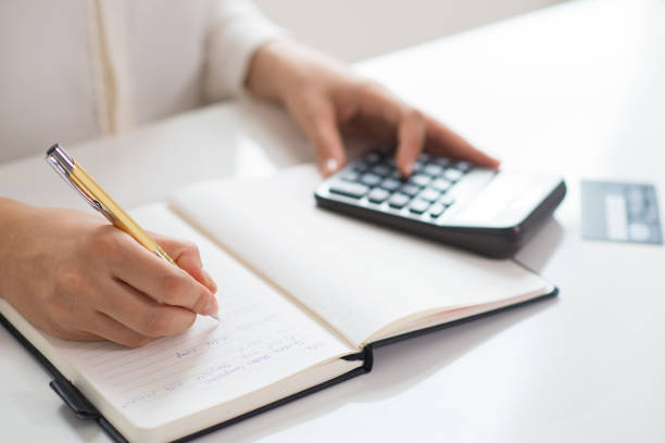 istock Close-up of young female accountant making notes in notebook 1024127516