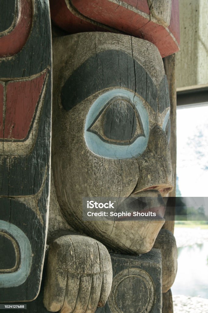 Close up of a face on a totem pole in Vancouver, Canada Close up of a totem face carved from wood and painted, in the Museum of Anthropology, Vancouver Island Museum Stock Photo