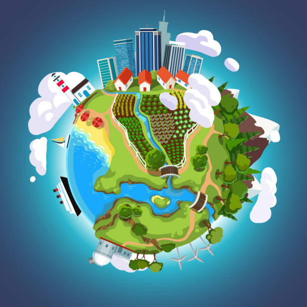 Cartoon Earth globe in space with city skyscrapers, seas, mountains, gardens and buildings on a planet surface. Ecology concept flat style vector Cartoon 3D earth planet globe in space with city skyscrapers, nature, forest, mountains, garden, sea, ship, buildings. Earth day green ecology concept. Clipart design flat vector isolated illustration research facility exterior stock illustrations
