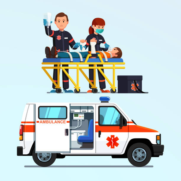 Paramedics rescuing & helping injured patient on a stretcher. Emergency fist aid rescue team ambulance car. Flat style vector Two paramedics emergency rescue team giving first aid to injured patient on stretcher. Ambulance car. Medicine and injury emergency paramedics first aid car. Flat vector isolated illustration paramedic stock illustrations