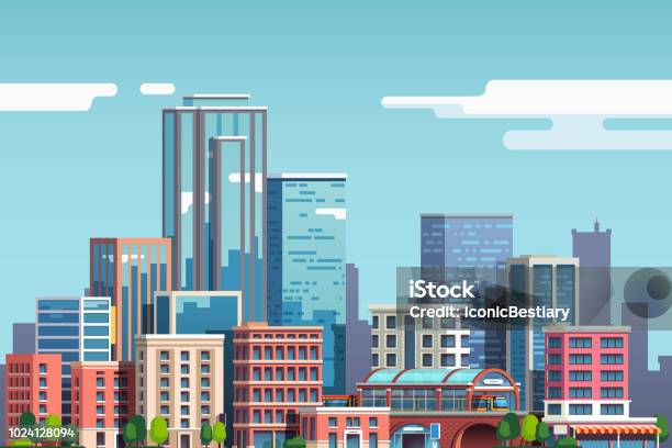 Wolkenkratzer Und Businessgebäudeskyline Die Innenstadt Von Stadtbild Großstadtimmobiliengeschäft Flache Vektor Clipart Stock Vektor Art und mehr Bilder von Stadt