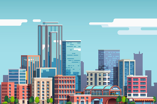 City downtown with skyscrapers, business buildings, clouds, blue sky. City center downtown cityscape view. Big city buildings. Town real estate scenery clipart. Flat vector illustration isolated on background