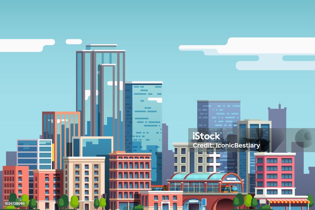 City skyscrapers and business buildings skyline. Downtown cityscape. Big town real estate business. Flat style vector clipart City downtown with skyscrapers, business buildings, clouds, blue sky. City center downtown cityscape view. Big city buildings. Town real estate scenery clipart. Flat vector illustration isolated on background City stock vector