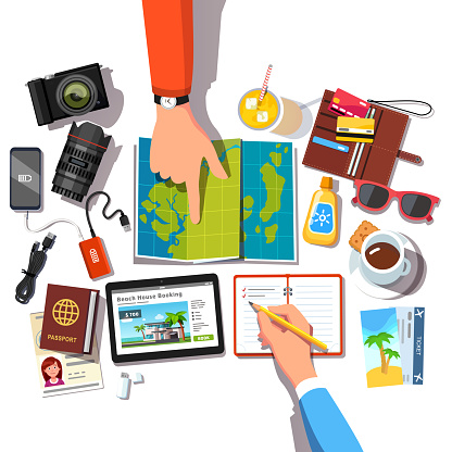 People hands planning  vacation trip choosing journey location pointing on a world map and making check list of travel items like passports, phones, wallet. Looking for a place to stay online on tablet pc. Flat style vector