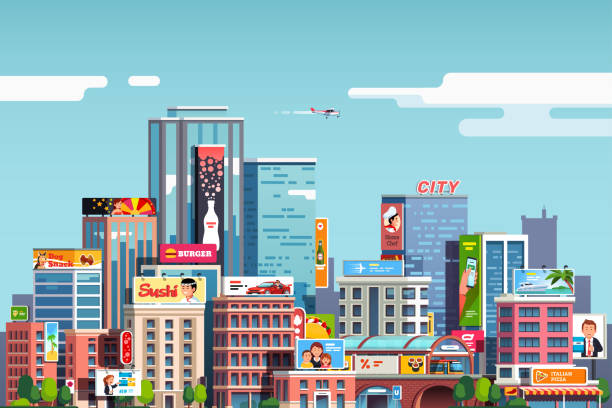 City skyscrapers and business buildings skyline scenery. Downtown cityscape with lots of all sorts of advertisement banners. Big town real estate business. Flat style vector clipart City downtown scenery with skyscrapers, commercial buildings, outdoor advertising billboards. City center cityscape. Business downtown, lots of ad's. Flat vector illustration isolated on background billboard illustrations stock illustrations