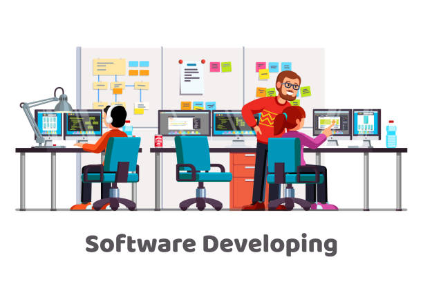 Programmers writing code in a software developing company office sitting at their workplaces desks and chairs. Team lead engineer developer talking to designer. Flat style vector Software developing company team work together coding. Programmers writing code. Software developer office workplace desks. Team lead engineer teaching junior programmer. Flat vector illustration computer programming desk stock illustrations