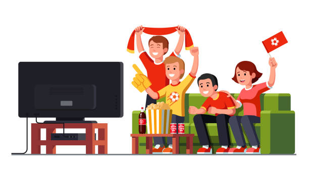 Soccer game fans cheering watching game together on a home flat screen tv sitting on a couch. Football sport. Flat style vector clipart Cheerful soccer game fans friends watching match together sitting on home couch. Football sport fans watching soccer match on TV. Flat vector clipart illustration isolated on white background excited football fan cheering for his team on tv stock illustrations