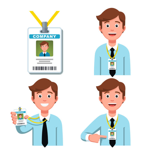 Company employee smiling  showing and pointing on his business id badge. Worker security card tag on a lanyard. Flat style vector clipart Happy smiling company representative business man wearing lanyard badge. Worker pointing at business ID card or holding it. Employee ID badge clipart set. Flat vector illustration isolated on white badge photos stock illustrations