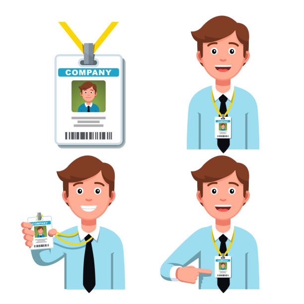 Company employee smiling showing and pointing on his business id badge. Worker security card tag on a lanyard. Flat style vector clipart Happy smiling company representative business man wearing lanyard badge. Worker pointing at business ID card or holding it. Employee ID badge clipart set. Flat vector illustration isolated on white name tag cartoon stock illustrations