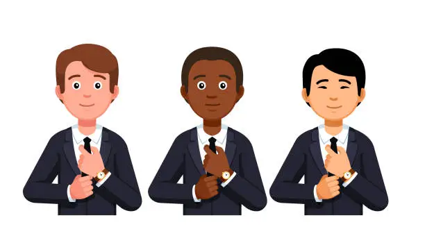 Vector illustration of Three business man fixing necktie portraits. Caucasian, African American and Asian. Diverse international team. Flat style vector clipart