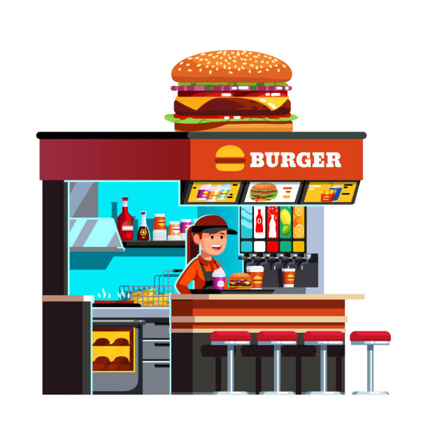 Burger Shop Fastfood Restaurant Stall Mit Cheeseburger Auf Dach  Eingerichtet Chefkoch Vertrieb Kaufmannfrau Frau Hamburger Essen Und  Milchshake Flache Vektor Clipart Stock Vektor Art und mehr Bilder von  Geschäft - iStock