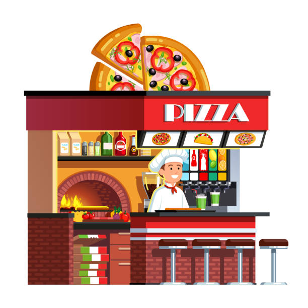 pizzeria restaurant stall kiosk mit steinofen, dekoriert mit der hälfte der tortilla auf dach. italienischer koch hut mit frischer pizza und soft-drink-cup am schalter. flache vektor clipart - back seat illustrations stock-grafiken, -clipart, -cartoons und -symbole