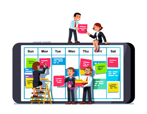 Business people team planning week tasks together on a huge mobile phone calendar app. Businessman scheduling work plan. Planner meeting concept. Flat style vector clipart Business people team man and woman discussing tasks placing sticky notes on mobile phone screen calendar app week plan schedule table. Business team scheduling plan together. Flat vector teamwork illustration busy calendar stock illustrations