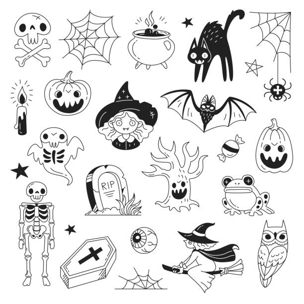 Halloween doodle collection. Vector illustration of funny black and white icons such as skeleton, grave, skull, pumpkin, owl, toad, cat, ghost and a witch isolated on white. cartoon of a frog black and white stock illustrations