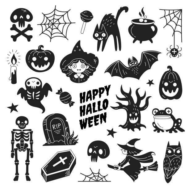 illustrazioni stock, clip art, cartoni animati e icone di tendenza di buona collezione di icone di halloween. - bare tree immagine