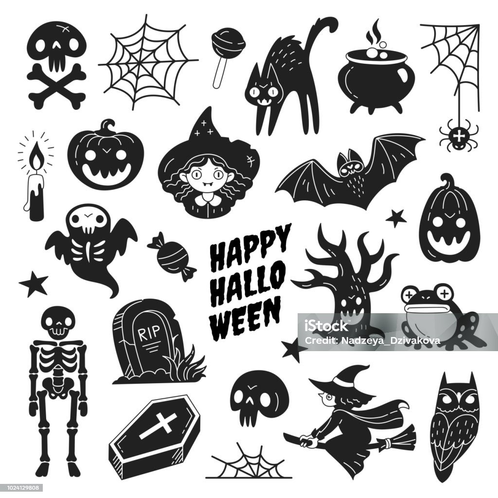 Happy Halloween icons collection. Vector illustration of funny black and white Halloween symbols such as skeleton, grave, skull, pumpkin, owl, toad, cat, ghost and a witch isolated on white. Halloween stock vector