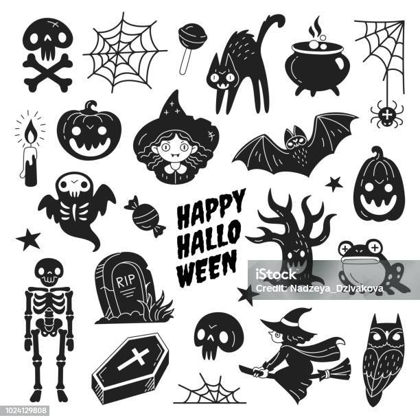 Happy Halloween Icons Collection Stock Illustration - Download Image Now - Halloween, Ghost, Domestic Cat